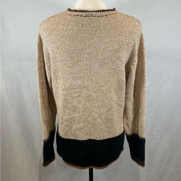 Erika Ramie Cotton blend tan & black fall leaf block pattern knit sweater medium - Picture 5 of 6